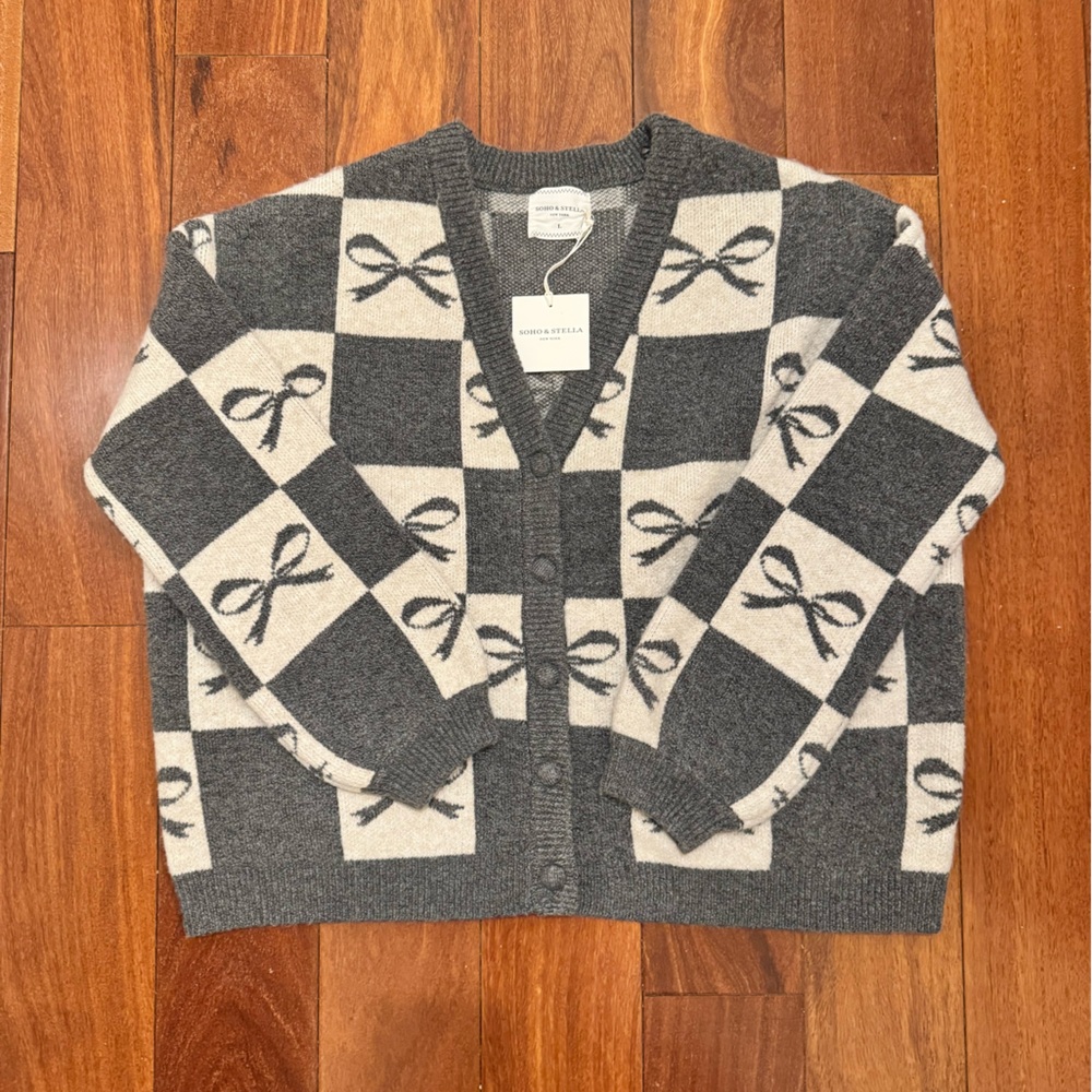 Soho & Stella Bow Print Cardigan Sweater Gray Cream Checkered NWT